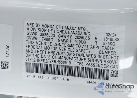 2024 Honda Civic Lx z USA, uszkodzony, nr VIN 2HGFE2F2XRH556519